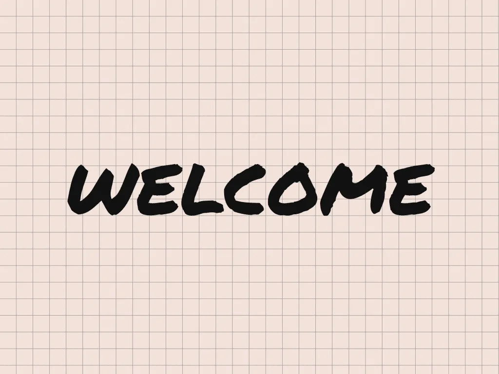 The word welcome written in black on a checkered background.