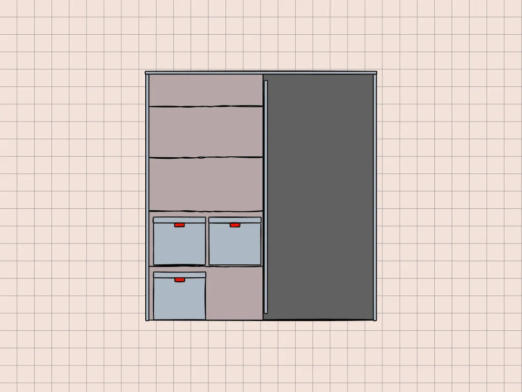 A drawing of a closet with drawers and shelves, providing storage for an emergency kit at home.