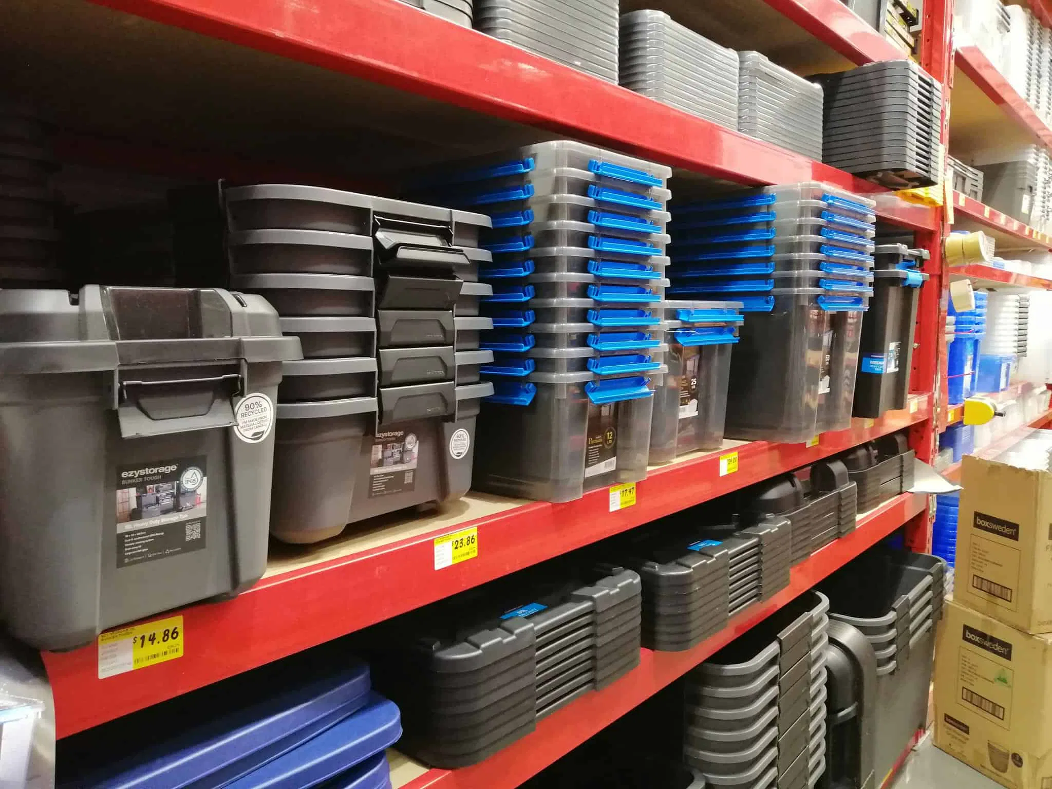 A variety of plastic storage boxes that can be used to store your emergency kit in.