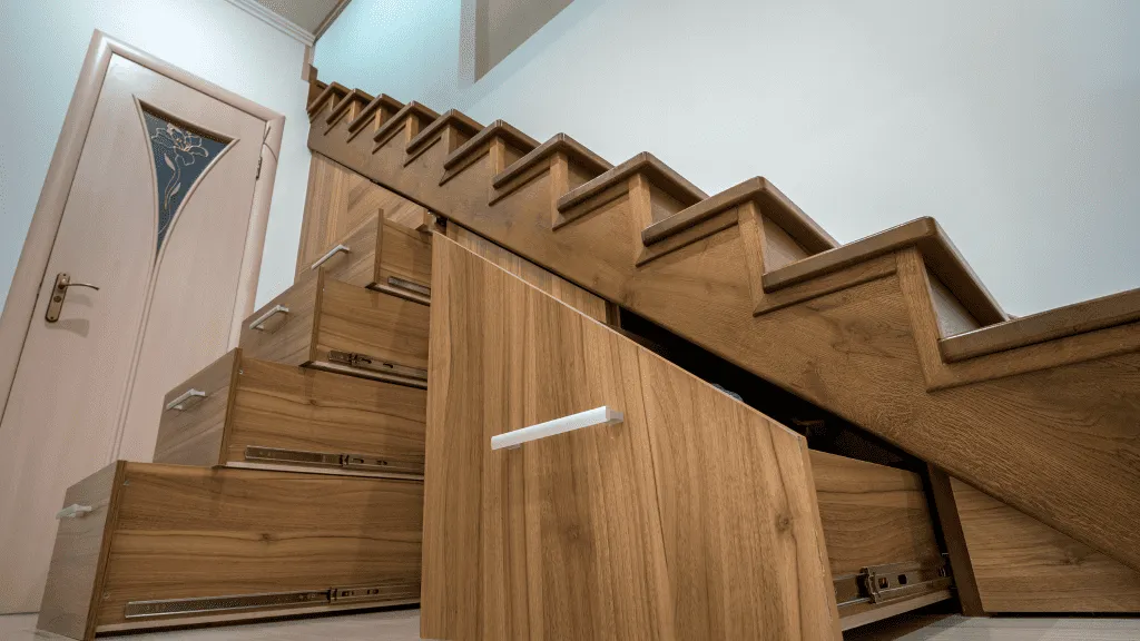 Storage underneath the stairs for an emergency kit