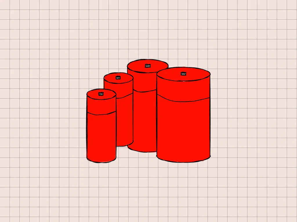 A drawing of three red cans on a sheet of paper.